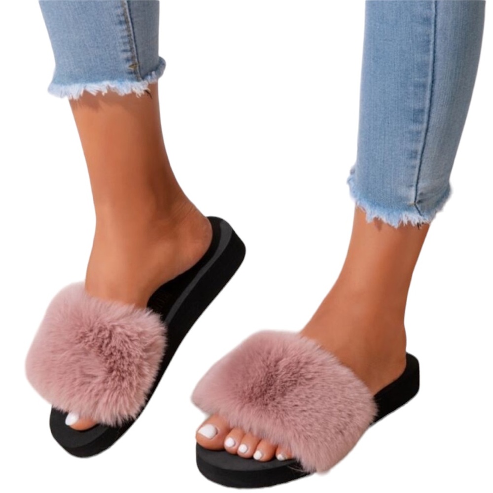 Black and Blush Fuzzy Slipper Flip Flop Shoes